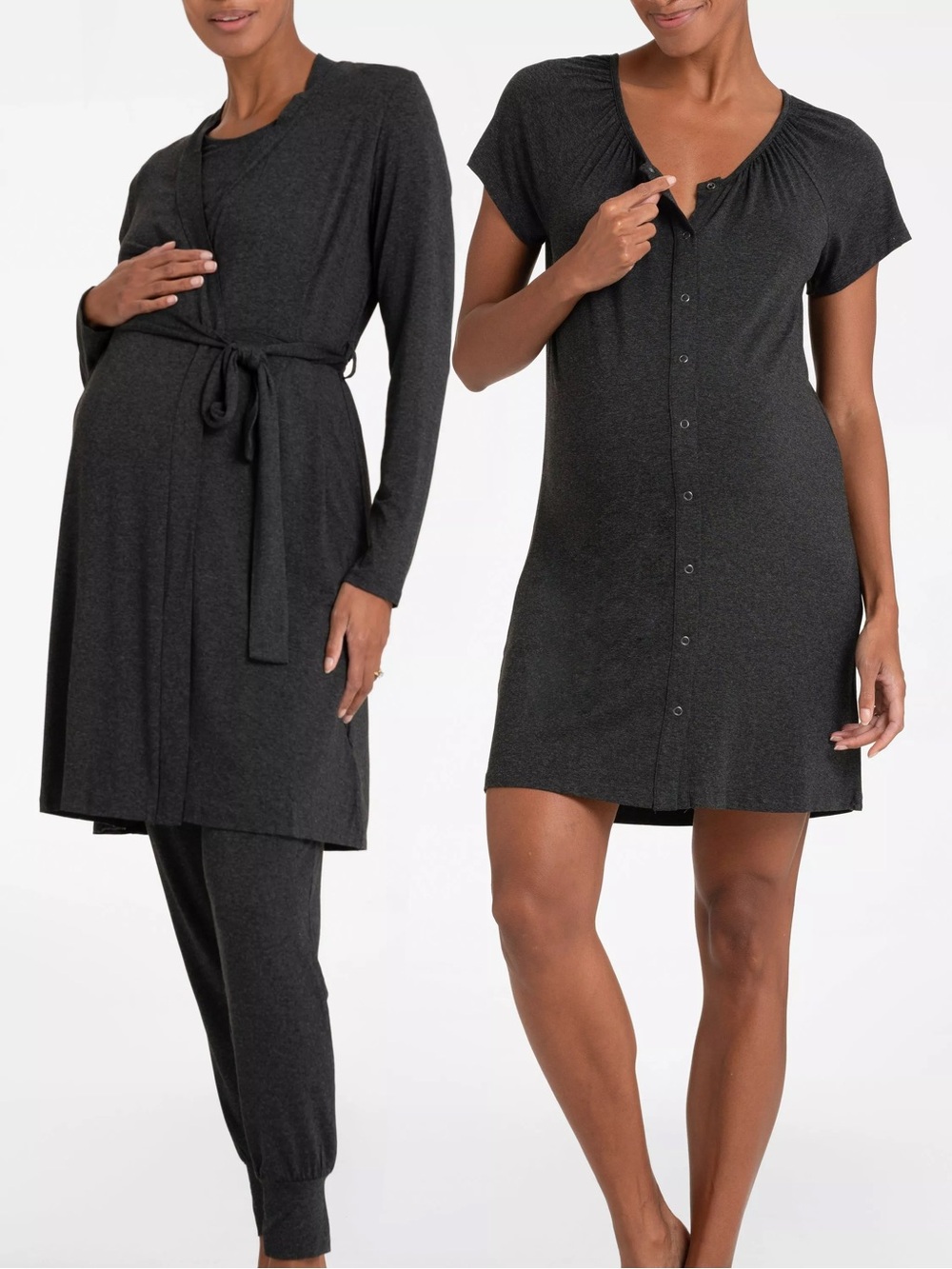 Seraphine Charcoal Maternity & Nursing Nightgown & Tie-Waist Robe Hospital Set
